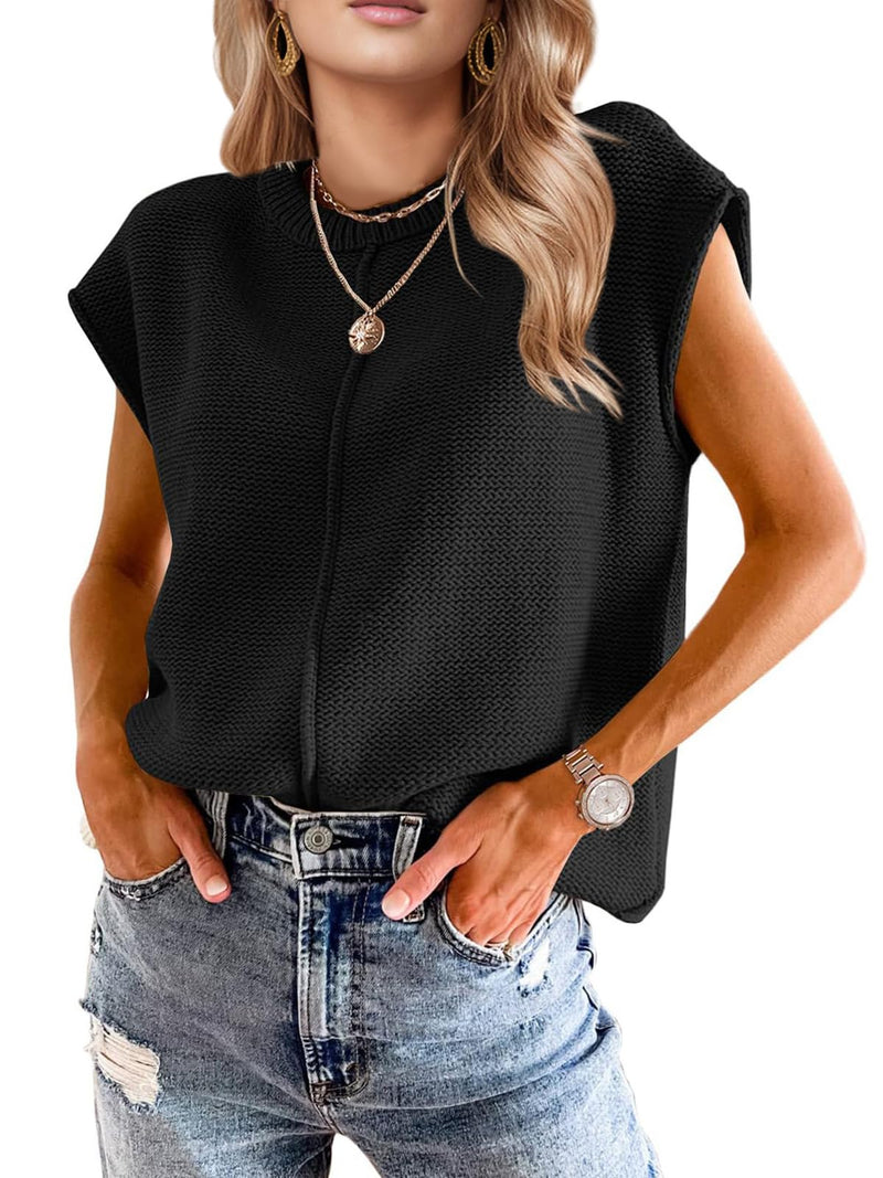 Seiciviy Womens Cap Sleeve Tops 2025 Trendy Tank Top Loose Knit Sweater Vests Cute Shirts Outfits Spring Fall Summer Tops Black