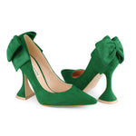Load image into Gallery viewer, Zzheels Women's Bow High Heels Closed Toe Heels with Bow Chunky Heels Bridal Wedding Shoes Green Suede US6
