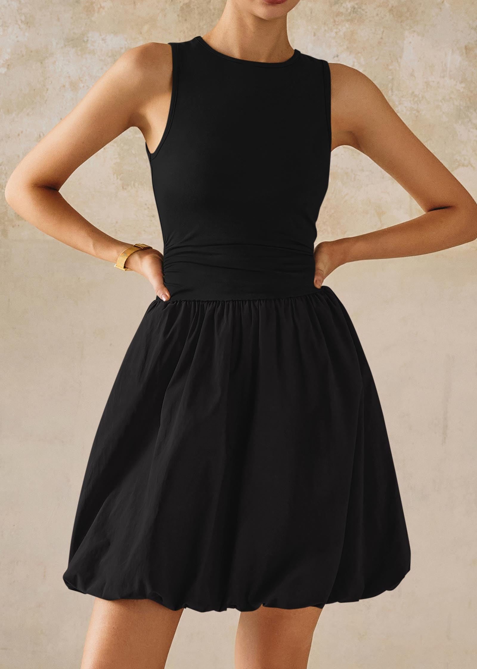 KIRUNDO Summer Bubble Dress for Women 2025 Casual Mini Spring Bodycon Cocktail Dresses Sleeveless Drop Waist Sundress Beach(Black, Large)