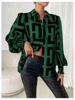 Load image into Gallery viewer, SweatyRocks Women&#39;s Graphic Print Long Lantern Sleeve Collar Neck Button Front Blouse Shirt Top Dark Green Medium
