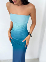 Load image into Gallery viewer, LIGHT DOT Women&#39;s Summer Dress Gradient Strapless Tube Dress Bodycon Long Dress Side Slit Mesh Layered (Blue,XL)
