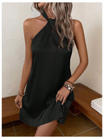 Load image into Gallery viewer, Floerns Women's Pearl Beaded Halter Twist Sleeveless Tie Back Dress A Line Dress Silk Black Medium
