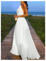 Load image into Gallery viewer, OYOANGLE Women's Sleeveless Chain Halter Maxi Dress Backless Elegant Flared Long Dresses White Large
