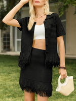 Load image into Gallery viewer, Fisoew Womens 2 Piece Crochet Outfits Short Sleeve Button Knit Sweater Tops Fringe Skirt Summer Vacation Sets Beach Cover Ups Black
