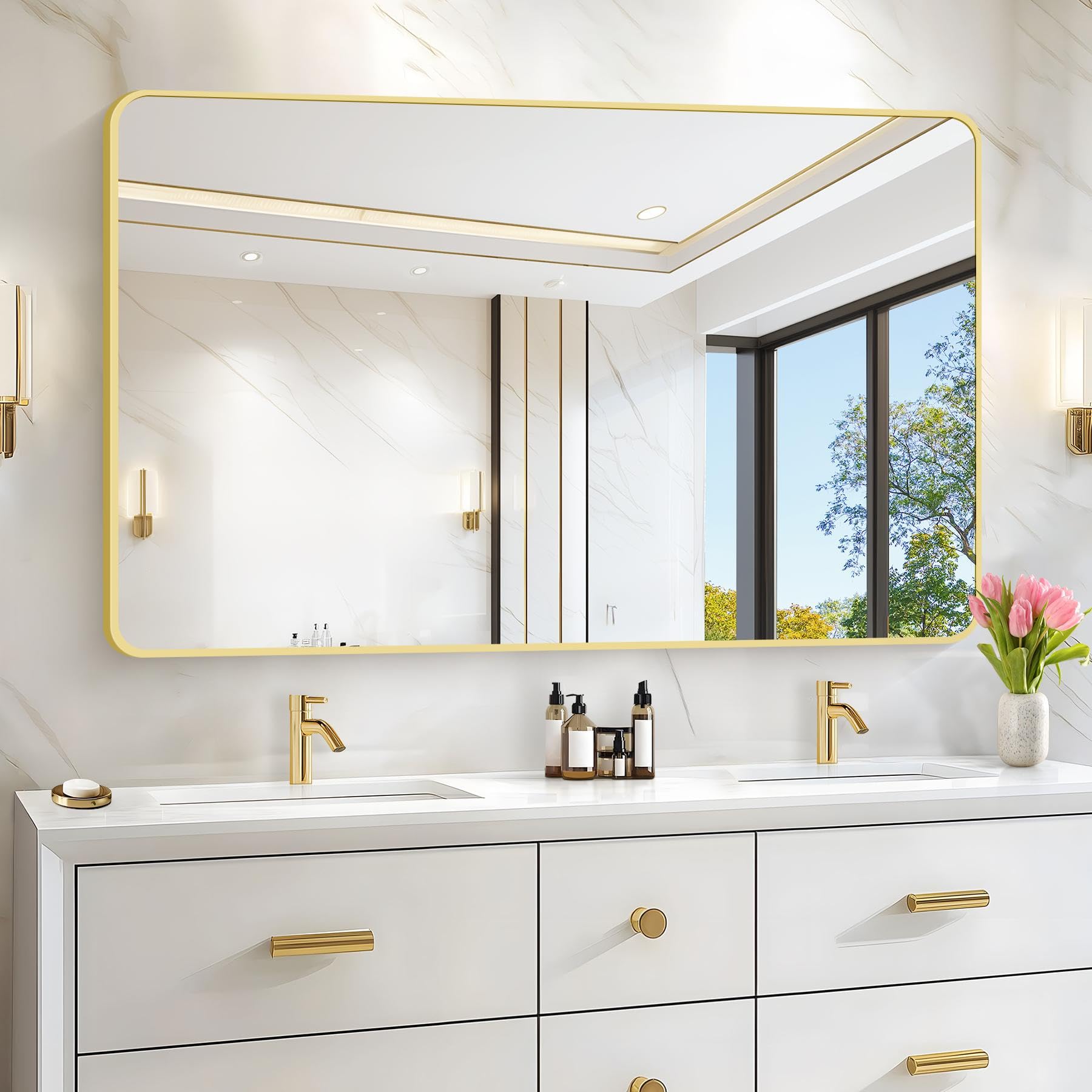 CIVENO 55"x36" Gold Bathroom Mirror, Large Rectangle Mirror, Rectangular Wall Mirror, Rounded Corner Vanity Mirror with Aluminum Metal Frame for Bathroom Bedroom Living Room