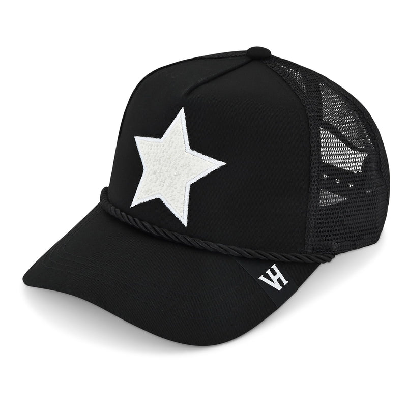 VINTAGE HAVANA Black Trucker Hats Women White Pearl Embellished Star & Rope | Mesh Adjustable Snapback Hat | Men Women Baseball Cap