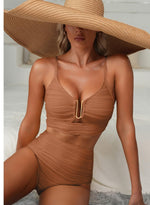 Load image into Gallery viewer, Herseas Women's Textured Bikini Set 2026 Summer Metal V Neck High Cut Swimwear Ribbed Sexy 2026 Vacation Slimming Swim Suits Resort Wear Casual Vacation Outfits Caramel Medium

