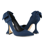 Load image into Gallery viewer, Zzheels Women's Bow High Heels Closed Toe Heels with Bow Chunky Heels Bridal Wedding Shoes Blue Suede US6
