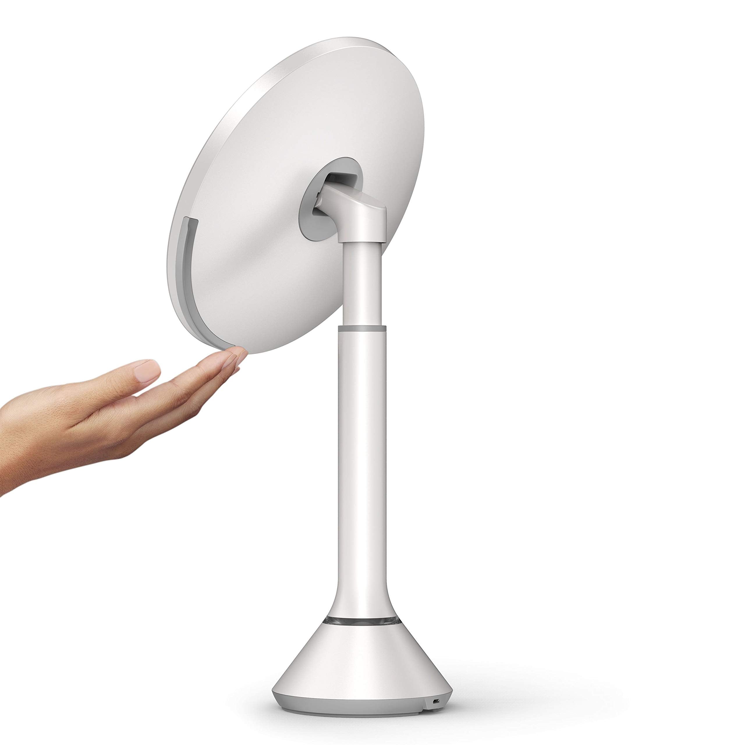 simplehuman Sensor Mirror, Lighted Makeup Mirror with Magnification (5X), 8" Round Magnifying Vanity Mirror with Lights, Cordless, White Stainless Steel