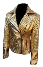 Load image into Gallery viewer, Metal Studs and Spikes Brando Ladies Leather Jacket - Handmade Punk Rock Golden Leather Jacket
