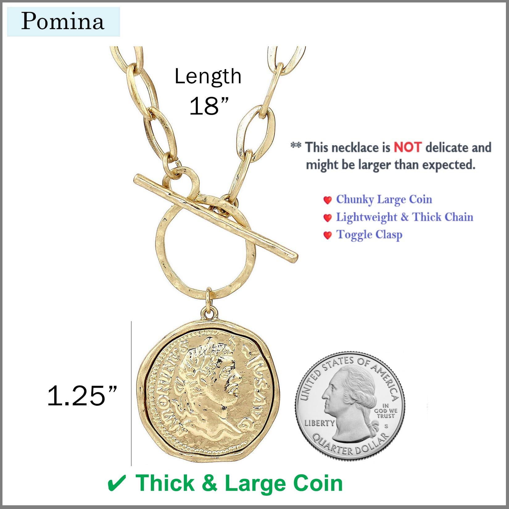 POMINA Chunky Gold Coin Necklace for Women Trendy Fashion Statement Toggle Necklace Worn Gold Tone Pendant Necklace Women Jewelry Gifts (Worn Gold)