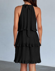 ZESICA Women's 2025 Summer Halter Dresses Sleeveless Ruffle Tiered Layered Chiffon Pleated A Line Swing Mini Dress,DarkBlack,Medium