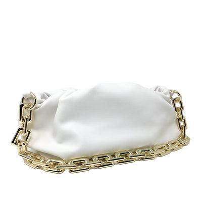 Prime Original Women's Chain Pouch Bag | Cloud-Shaped Dumpling Clutch Purse | Ruched Chain Shoulder Handbag (White)