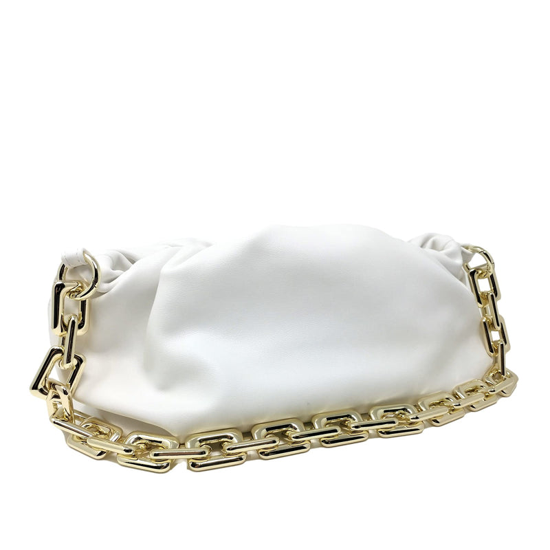 Prime Original Women's Chain Pouch Bag | Cloud-Shaped Dumpling Clutch Purse | Ruched Chain Shoulder Handbag (White)
