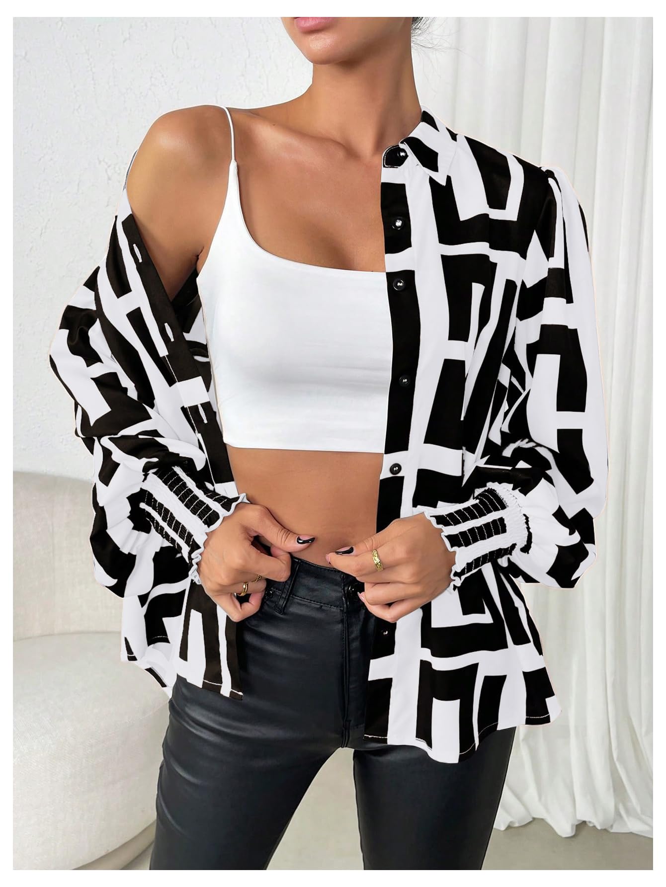 SweatyRocks Women's Graphic Print Long Lantern Sleeve Collar Neck Button Front Blouse Shirt Top Black Medium
