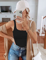 Load image into Gallery viewer, Chunpin Women's Square Neck Sleeveless Bodysuit Double Lined Tops Thong Bodysuit Black L
