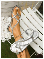Load image into Gallery viewer, Verdusa Women's Flat Sandals Strappy Dressy Ankle Strap Casual Summer Thong Sandals for Beach Silver 9
