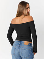 Load image into Gallery viewer, Trendy Queen Womens Long Sleeve Off The Shoulder Tops Going Out Basic T Shirts Cute Sexy Crop Boat Neck Y2K Corset Concert Fall Fashion 2025 Outfits Clothes Black M
