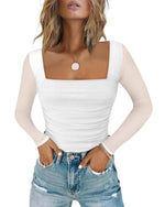Load image into Gallery viewer, Chunpin Women's Bodysuits Square Neck Long Sleeve Bodysuits Mesh Ruched Thong Body Suit Outfits Going Out Tops White XXL
