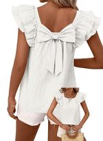 Load image into Gallery viewer, Falechay Womens Going Out Tops Cute Ruffle Short Sleeve Shirts Summer Casual T-Shirts Babydoll Women Blouses Trendy Chiffon Tunic Crewneck Ladies Y2K Bow Tie Wrinkles Tee Puff Sleeves White Shirt XS
