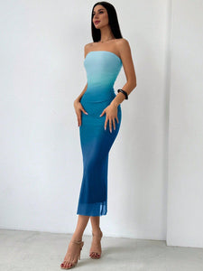 LIGHT DOT Women's Summer Dress Gradient Strapless Tube Dress Bodycon Long Dress Side Slit Mesh Layered (Blue,XL)