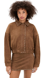 Load image into Gallery viewer, MOON RIVER Women's Stud Detail Zipper Front Faux Suede Jacket, Camel, Brown, M
