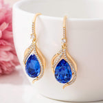 Load image into Gallery viewer, Austrian Crystal Hollow Teardrop Halo Drop Dangle Earrings for Women 14K Rose Gold Plated Hypoallergenic Jewelry (Bermuda Blue)
