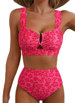 Load image into Gallery viewer, Herseas Women's U Wire Cutout Two Piece Bikini Sets Floral Print High Waisted Tummy Control Swimsuits Push Up Adjustable Wide Straps Bathing Suits Casual Resort Outfits Fuchsia Floral X-Large
