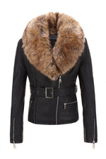 Load image into Gallery viewer, Bellivera Women's Faux Leather Jacket Moto Fleece-Lined Belt Coat with Removable Fur Collar 9203 Blackyellow XXL
