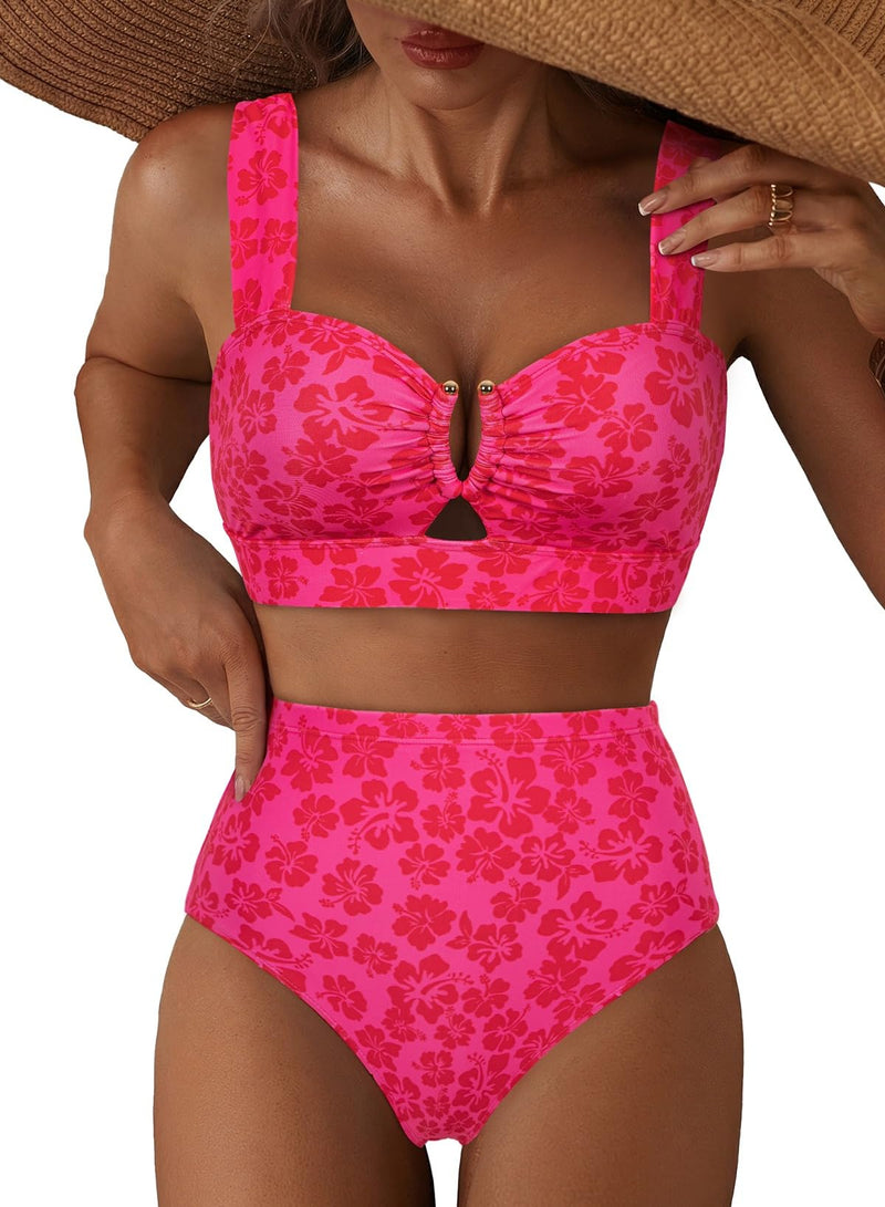 Herseas Women's U Wire Cutout Two Piece Bikini Sets Floral Print High Waisted Tummy Control Swimsuits Push Up Adjustable Wide Straps Bathing Suits Casual Resort Outfits Fuchsia Floral X-Large