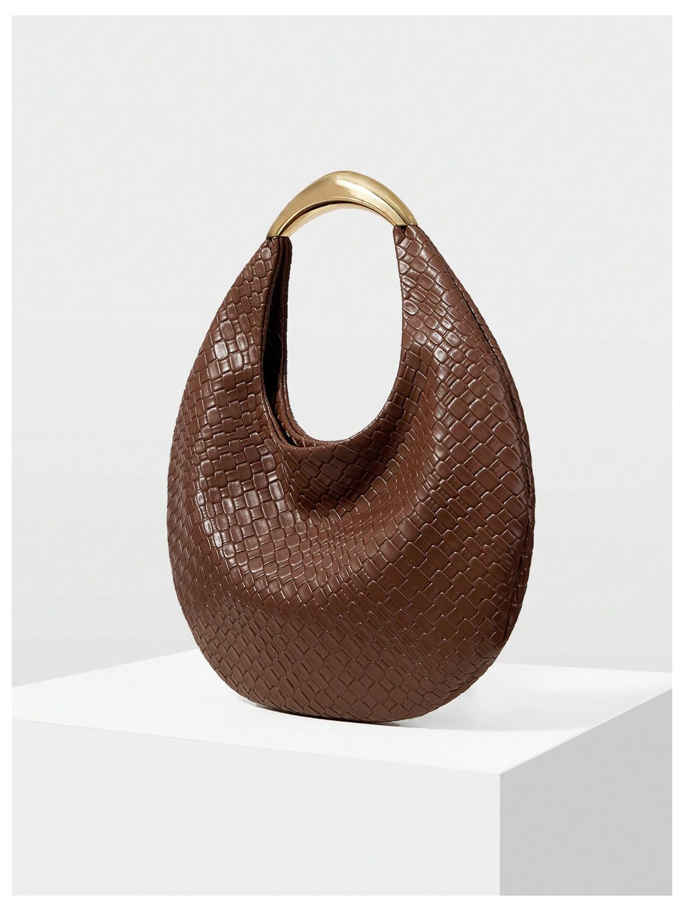 QWINEE Women's Woven Handbag Elegant Clutch Purse Metal Top Handle Cresent Evening Bag Retro PU Leather Clutch Purse Coffee Brown One Size