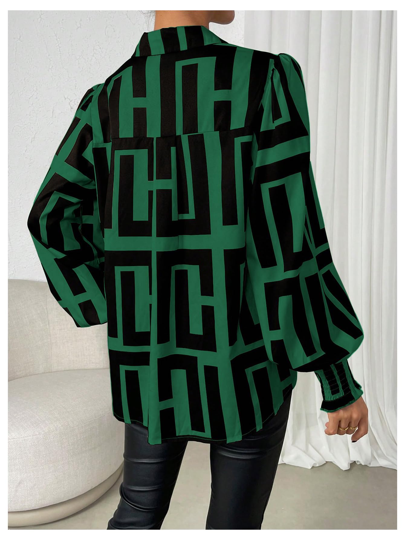 SweatyRocks Women's Graphic Print Long Lantern Sleeve Collar Neck Button Front Blouse Shirt Top Dark Green Medium