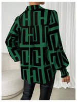 Load image into Gallery viewer, SweatyRocks Women&#39;s Graphic Print Long Lantern Sleeve Collar Neck Button Front Blouse Shirt Top Dark Green Medium
