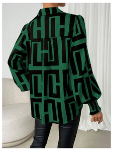 SweatyRocks Women's Graphic Print Long Lantern Sleeve Collar Neck Button Front Blouse Shirt Top Dark Green Medium