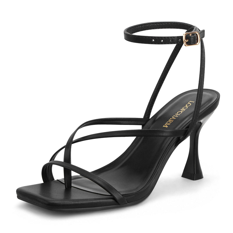 LOOPCHARM Women's Strappy High Heels Sandals Square Open Toe Ankle Strap Slingback Thong Stilettos Shoes for Wedding,Black Pu,7.5