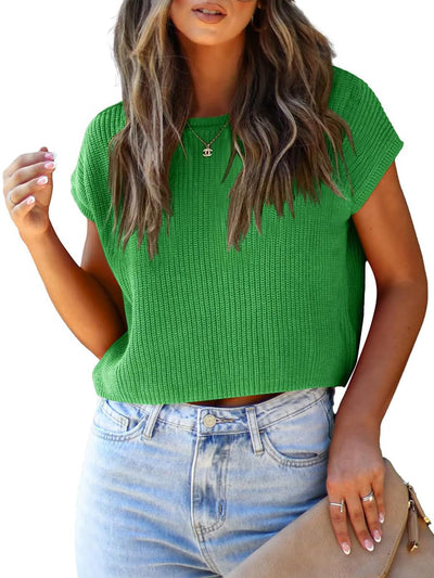LCXWFE Womens Summer Cropped Sweater Vest Trendy Cap Sleeve Crop Tops Crew Neck Loose Knit Tank Top