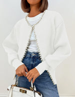 Load image into Gallery viewer, ZESICA Women's Open Front Cardigan Sweater 2025 Fall Casual Knitted Long Sleeve Pearls Trim Outerwear Coat Trendy Clothes White Large

