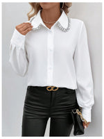 Load image into Gallery viewer, SweatyRocks Women's Long Sleeve Button Down Blouses Rhinestone Decor Work Tops White Medium
