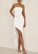 Load image into Gallery viewer, PRETTYGARDEN Women&#39;s Ruched Bodycon Dresses 2025 Summer Off Shoulder Asymmetrical High Split Elegant Cocktail Party Dress (White,Medium)
