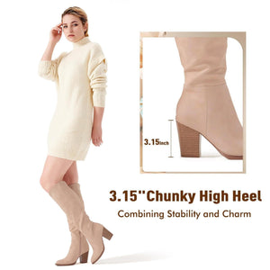Putu Womens's Knee High Boots High Heel Western Boots Pointed Toe Tall Boots Faux Leather Nude 5.5