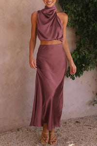 PRETTYGARDEN Women's 2 Piece Satin Outfits Summer Sleeveless Mock Neck Crop Tops and Long Skirt Dress Sets (Brick Red,Large)