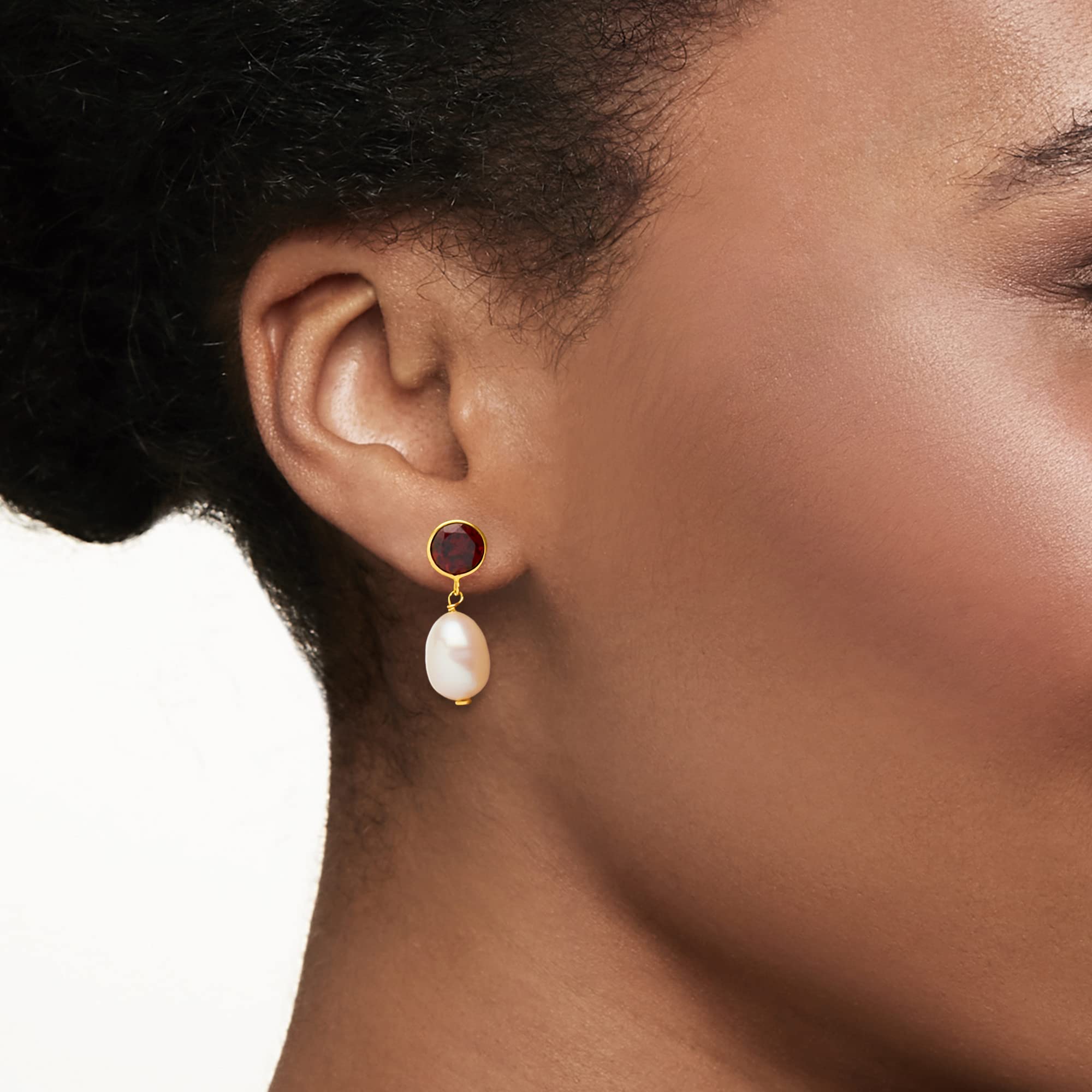 Ross-Simons 8-8.5mm Cultured Pearl and 2.70 ct. t.w. Garnet Drop Earrings in 14kt Yellow Gold