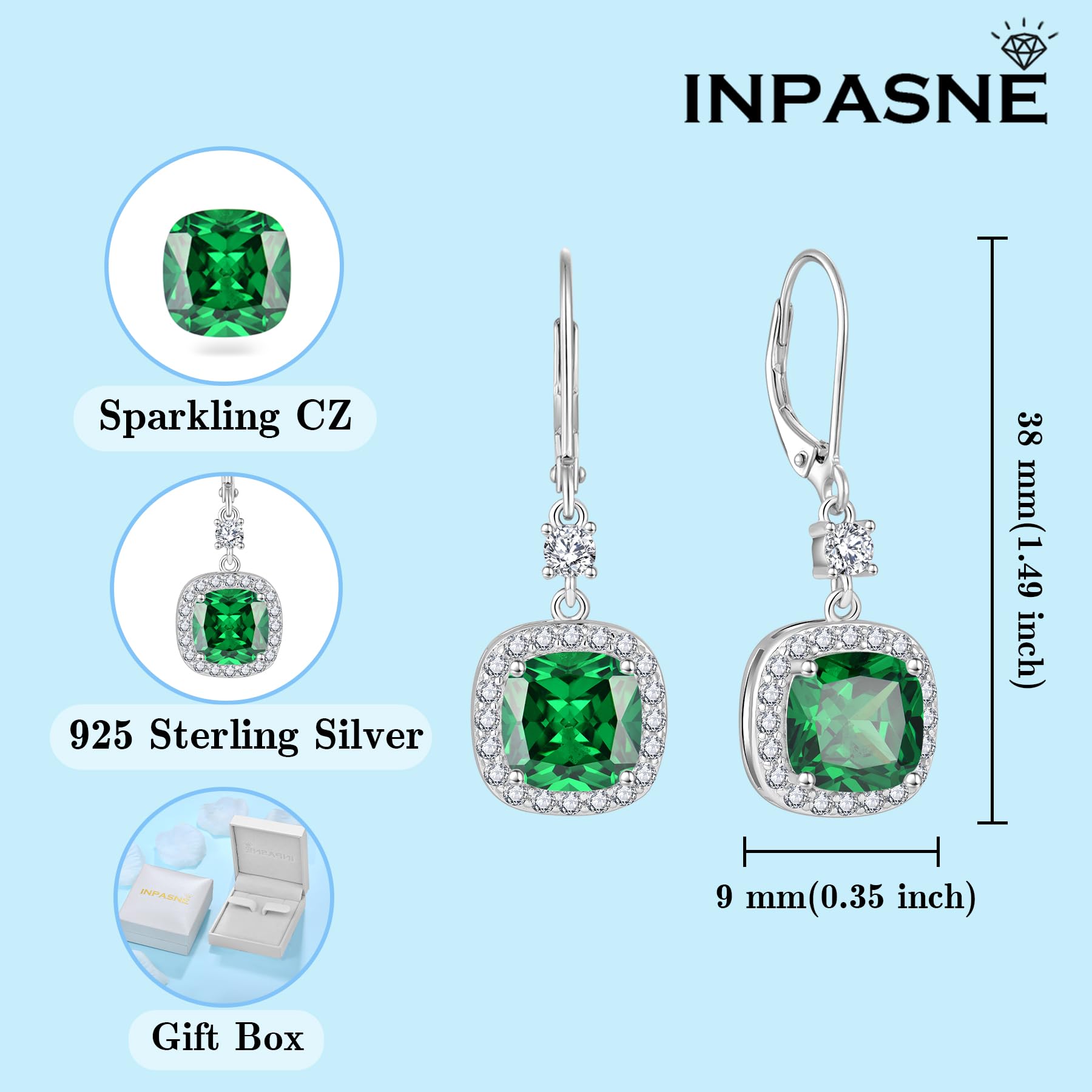 Inpasne Women Leverback Earrings 925 Sterling Silver Princess Cut Halo Earrings Emerald May Birthstone Dangle Drop Earrings for Women Her Mom Wife