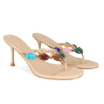 Load image into Gallery viewer, MAIJED Jeweled Flip Flop Kitten Heels for Women Open Toe Beaded Strappy High Heels Sandals Slip On Thong Heeled Mules Mid Heel Fashion Party Dress Shoes Nude US7
