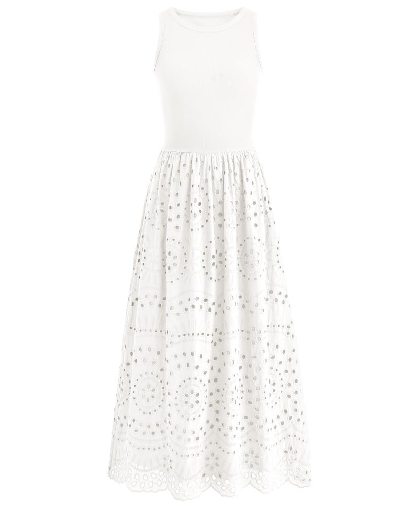 dowerme Women Summer Dresses 2026 Casual Sleeveless Crewneck A-Line Boho Lace Eyelet Cotton Tank Maxi Dress with Pockets(White,Medium)