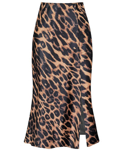 Women's Side Slit A Line Satin Midi Skirt Elastic High Waisted Cheetah Leopard Print Silk Long Skirts for Women