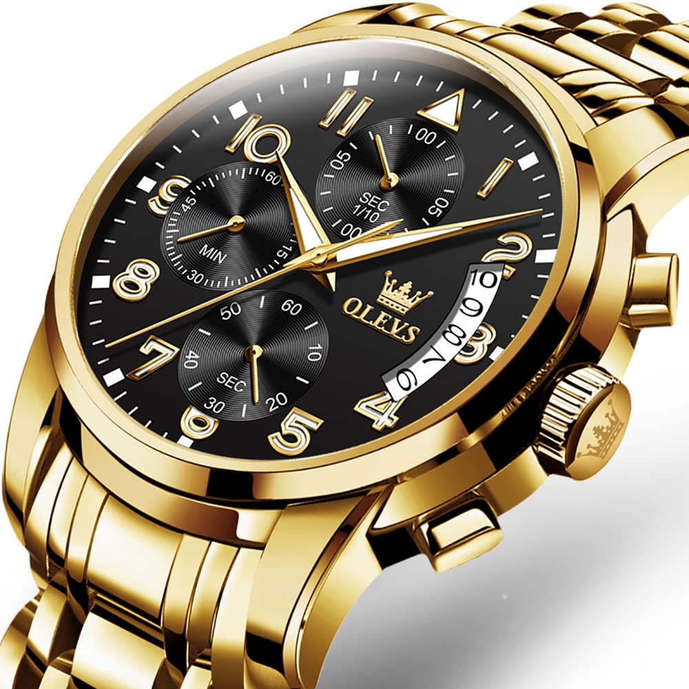 OLEVS Watches for Men,Mens Watches,Mens Gold Watch Big Large Face Black and Gold Waterproof Stainless Steel Dress Chronograph Luxury Water Resistant Fashion Roman Numerals Wrist Watch,Reloj Hombre