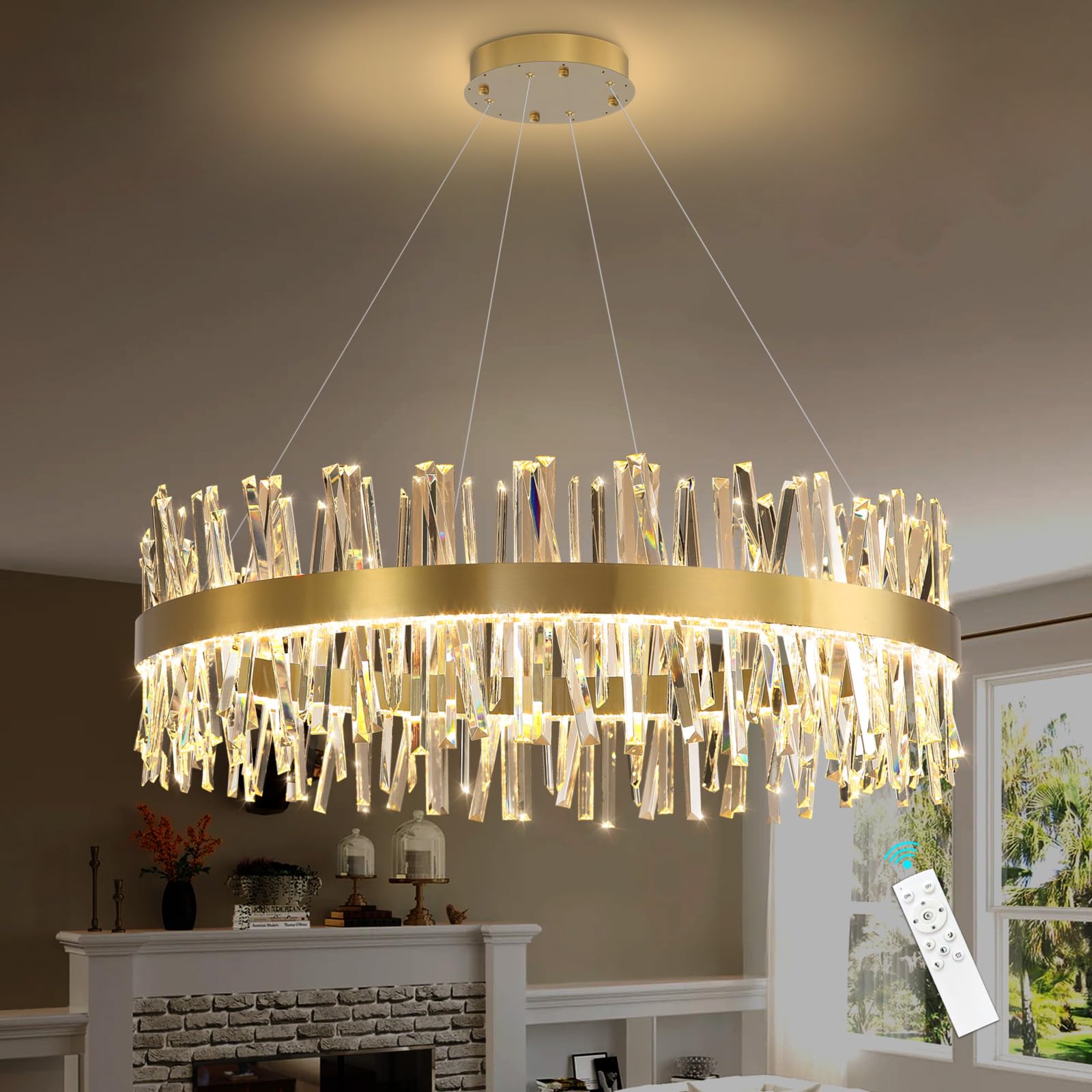 HAIXIANG Glam LED Chandelier 39.3 Inch Crystal Ring Chandeliers with Remote Dimmable LED Light Indoor Hanging Lights Luxury Ceiling Pendant Lighting Fixtures Living Dining Bedroom Gold Light