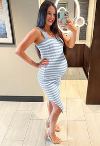MEROKEETY Women's 2025 Summer Spring Bodycon Midi Dress Vacation Sleeveless Ribbed Knit Striped Party Sweater Dresses, Blue, S
