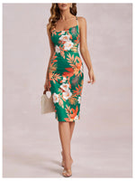 Load image into Gallery viewer, WDIRARA Women's Floral Print Cowl Neck Sleeveless Ruched Split Thigh Satin Cami Summer Dress Green Tropical S
